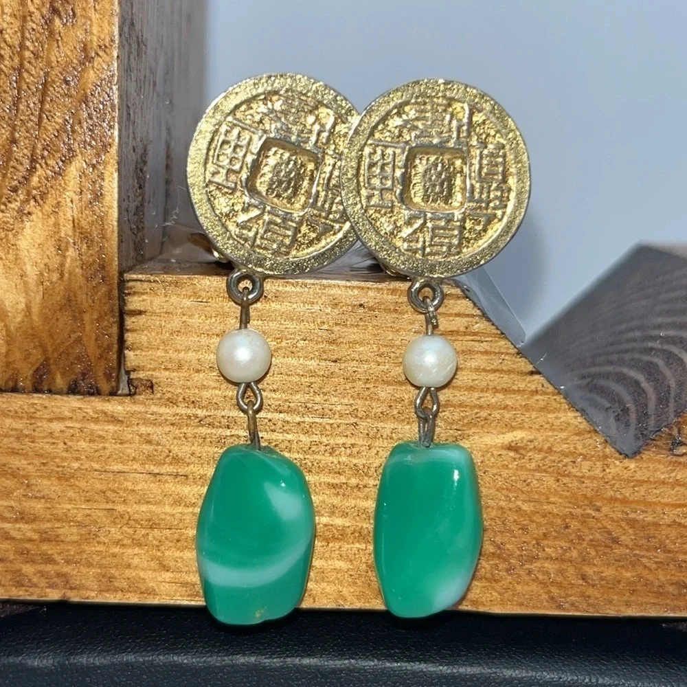 Vintage Kenneth Lane gold tone medallion faux pearl & jade dangly clip earrings